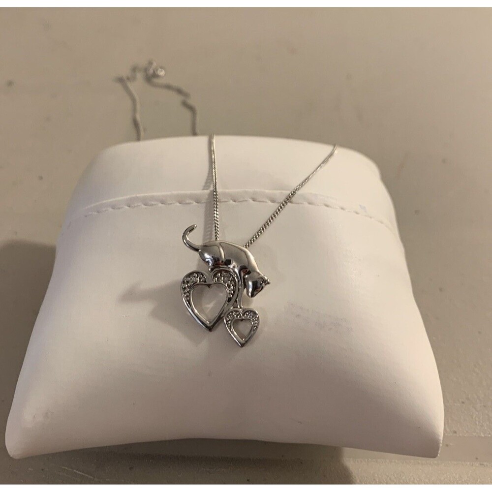 Vintage 10K & Sterling Silver Diamond Cat Kitty Necklace 18.25” Capture My Heart
